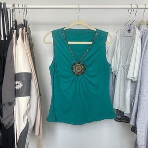 Vintage Teal Sleeveless Top with Embellished Neckline